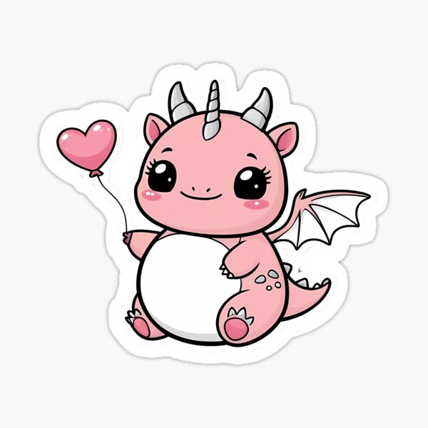 Fantasy Art Style Sicker "Heart Balloon Dragon" Pink Sticker