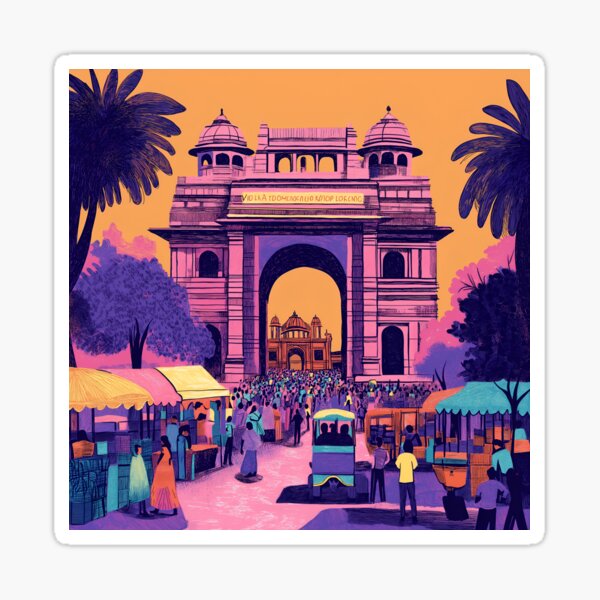 Vista previa del artículo con la obra «Ilustración vibrante de un mercado indio con un arco emblemático», diseñado y vendido por WitchSpellbound.