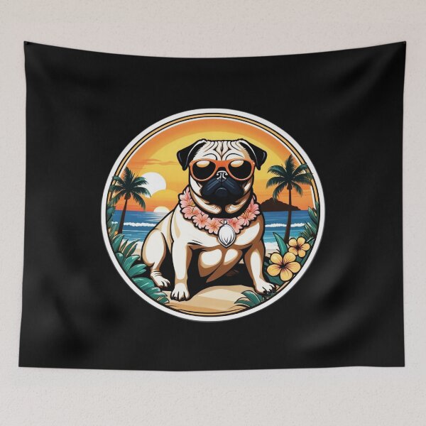 Item preview, Pug with Sunglasses on a Palm Tree Beach with Orchids designed and sold by NautiChic.