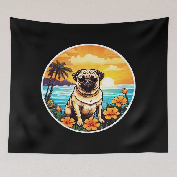 Item preview, Holiday Pug with Sunglasses by The Ocean with Hawaiian Orchids designed and sold by NautiChic.