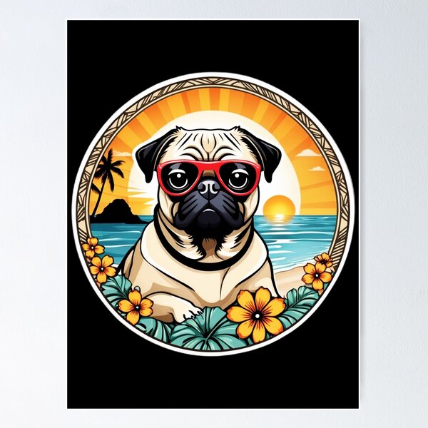 Item preview, Summertime Pug with Sunglasses by The Ocean with Hawaiian Orchids designed and sold by NautiChic.