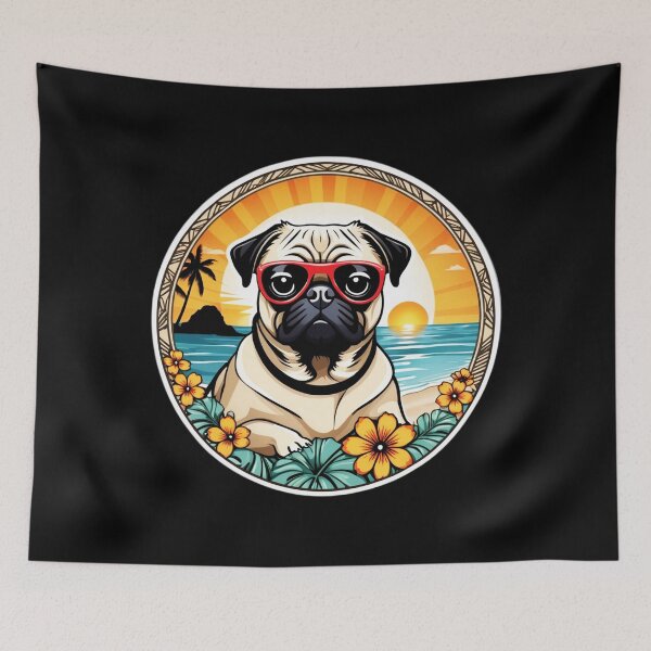 Item preview, Summertime Pug with Sunglasses by The Ocean with Hawaiian Orchids designed and sold by NautiChic.
