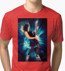 Digitally enhanced image of a Female guitarist playing an electric guitar Tri-blend T-Shirt