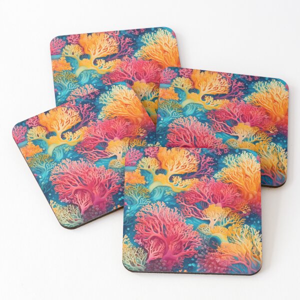 Item preview, coral reef motifs in bright aquamarine, coral pink, and sunshine yellow designed and sold by Designbes.