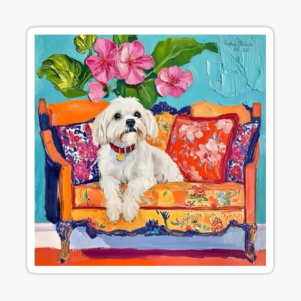 Item preview, Grandmillennial art, Multipoo on orange sofa, whimsical dog art designed and sold by SophieClimaArt.