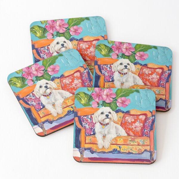 Item preview, Grandmillennial art, Multipoo on orange sofa, whimsical dog art designed and sold by SophieClimaArt.