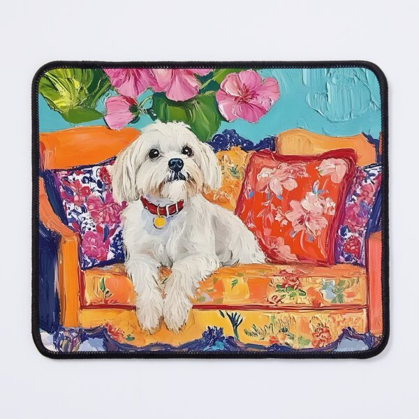 Item preview, Grandmillennial art, Multipoo on orange sofa, whimsical dog art designed and sold by SophieClimaArt.