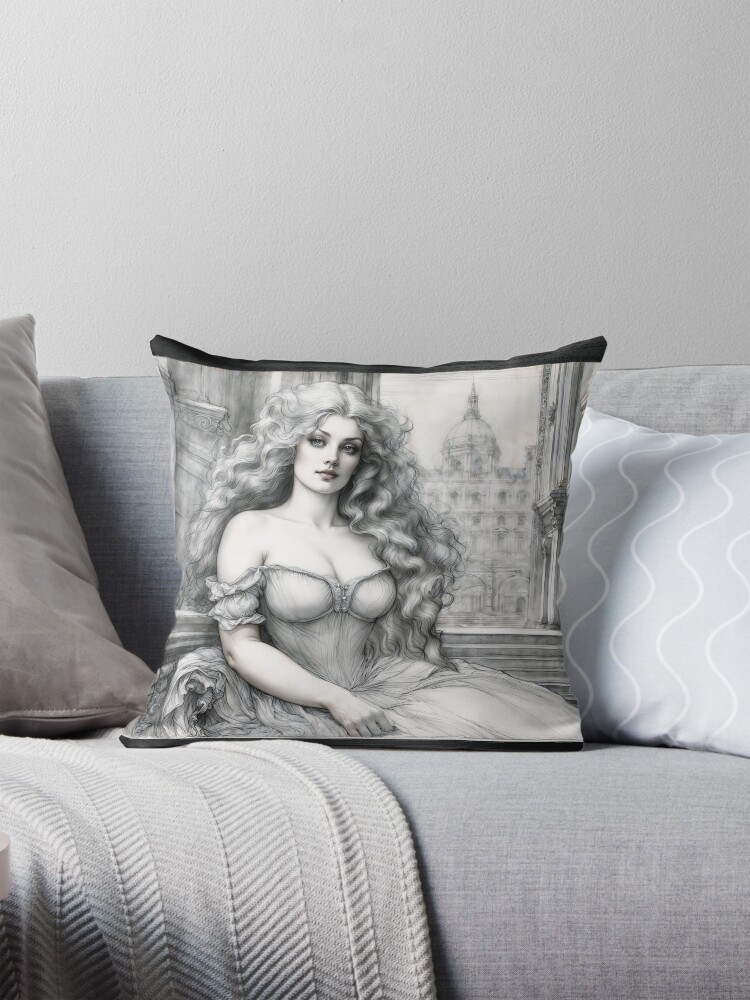 The Enchanting Lady Aurelia Vaelis Amidst Classical Architecture Alluring AI Concept Art by Xzendor7 Decorative Art Print Throw Pillow