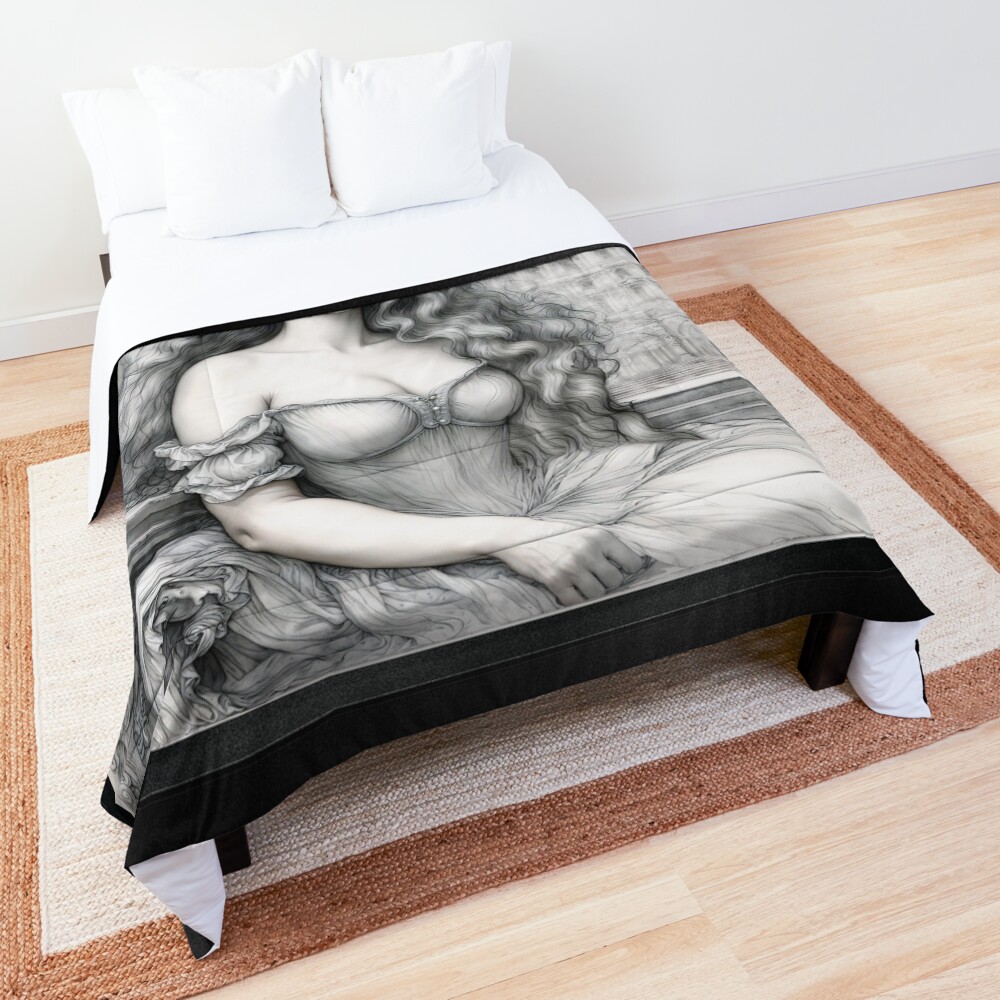 The Enchanting Lady Aurelia Vaelis Amidst Classical Architecture Alluring AI Concept Art by Xzendor7 Decorative Art Print Comforter