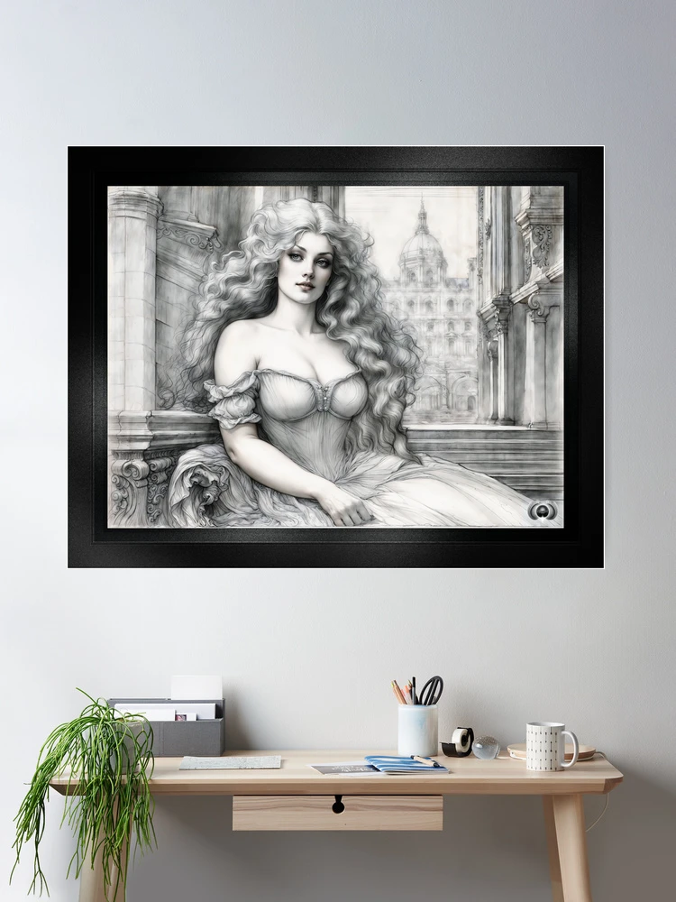 The Enchanting Lady Aurelia Vaelis Amidst Classical Architecture Alluring AI Concept Art by Xzendor7 Wall Decor Poster Art Print