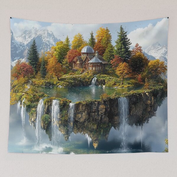Item preview, Fairy House on Floating Island Above Mountain Lake designed and sold by ACastilloArt.