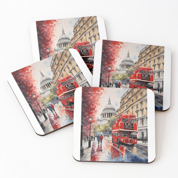 Item preview, Iconic scene of London, capital of the United Kingdom, St Paul`s cathedral with a typical red bus double decker, watercolour, rainy London designed and sold by Coolparrotgirl.