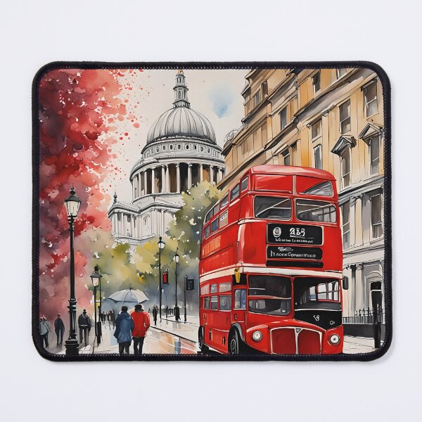 Item preview, Iconic scene of London, capital of the United Kingdom, St Paul`s cathedral with a typical red bus double decker, watercolour, rainy London designed and sold by Coolparrotgirl.