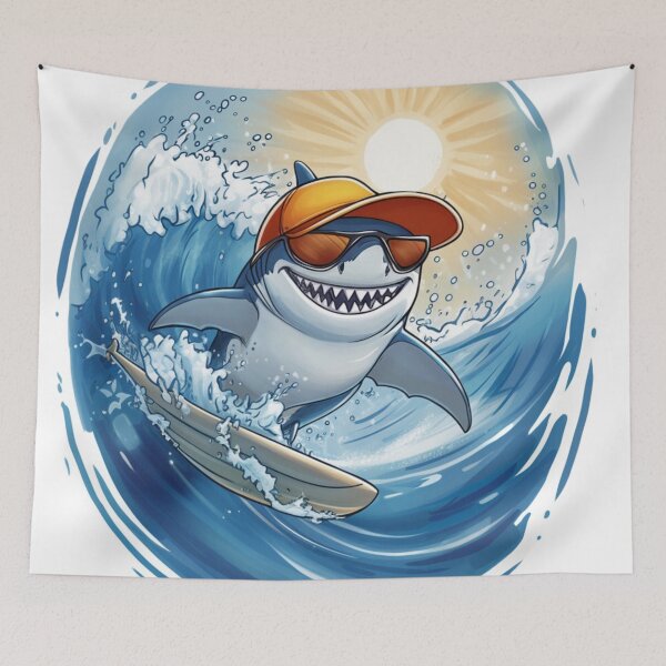Item preview, Cool surfing shark with sunglasses riding ocean waves under the sun, perfect for beach lovers. designed and sold by SagasArt.