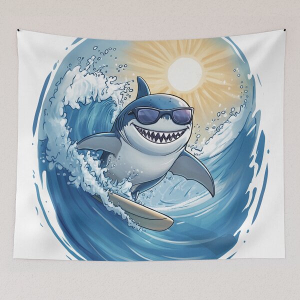 Item preview, Cool surfing shark with sunglasses riding ocean waves under the sun, perfect for beach lovers designed and sold by SagasArt.