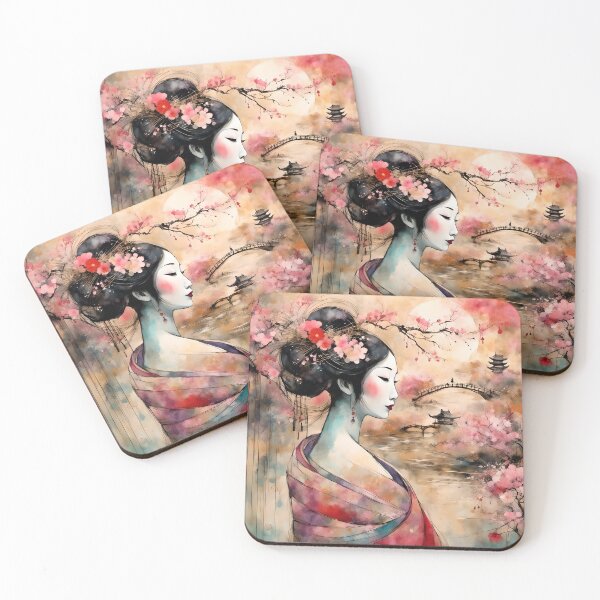 Item preview, Beautiful abstract geisha, kimono , in sunrise with flowers, pagodas, bridge designed and sold by Coolparrotgirl.