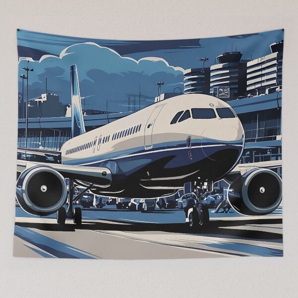 Item preview, Blue Airplane at the Airport - Aviation Illustration designed and sold by EMairplanes.