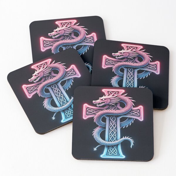 Item preview, Pink And blue Medievil style Celtic cross with fierce dragon  designed and sold by leen12 Art Designs Prints.