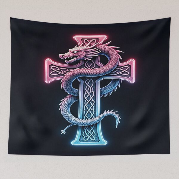 Item preview, Pink And blue Medievil style Celtic cross with fierce dragon  designed and sold by leen12 Art Designs Prints.