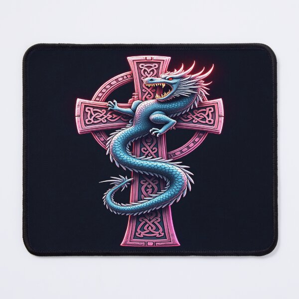 Item preview, Pink Medievil style Celtic cross with blue fierce dragon designed and sold by leen12 Art Designs Prints.