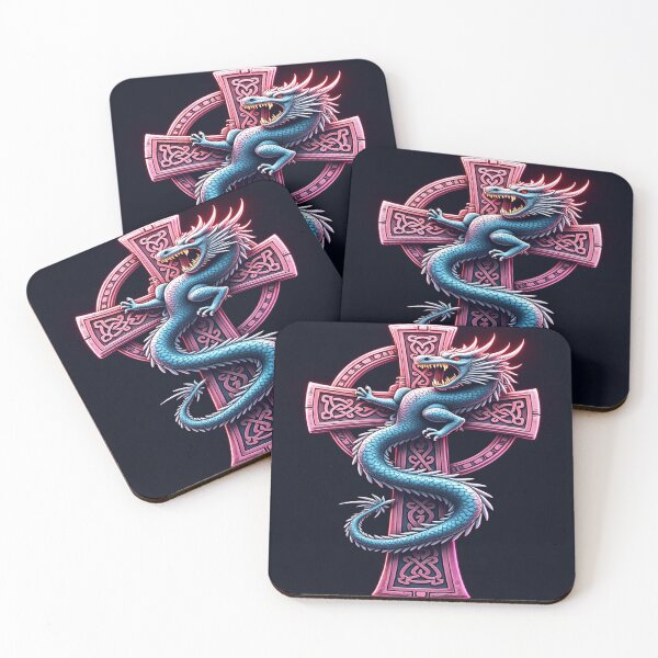 Item preview, Pink Medievil style Celtic cross with blue fierce dragon  designed and sold by leen12 Art Designs Prints.