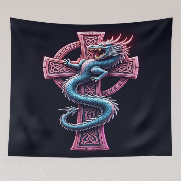 Item preview, Pink Medievil style Celtic cross with blue fierce dragon  designed and sold by leen12 Art Designs Prints.