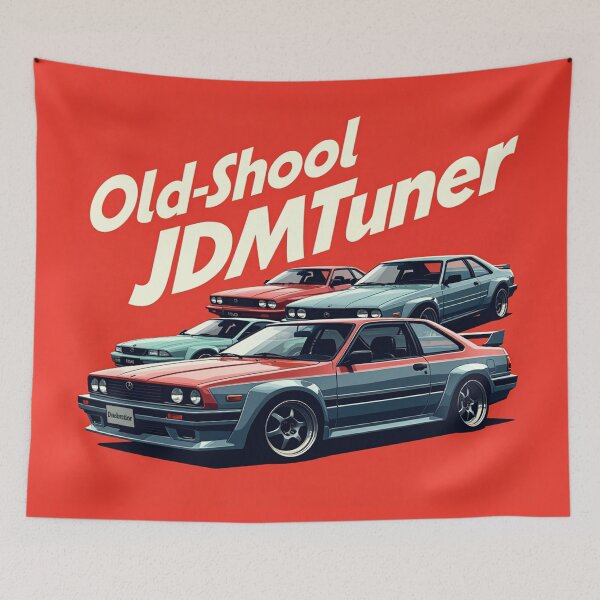 Item preview, retro 90s Japanese JDM tuner cars ona vibrant red backdrop designed and sold by leen12 Art Designs Prints.