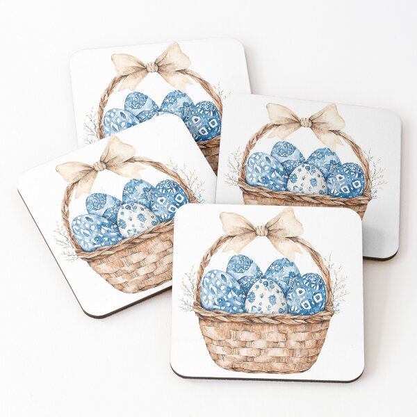 Item preview, Decorative woven basket filled with blue and white patterned eggs for spring celebration designed and sold by Anastasiia Yurevych.