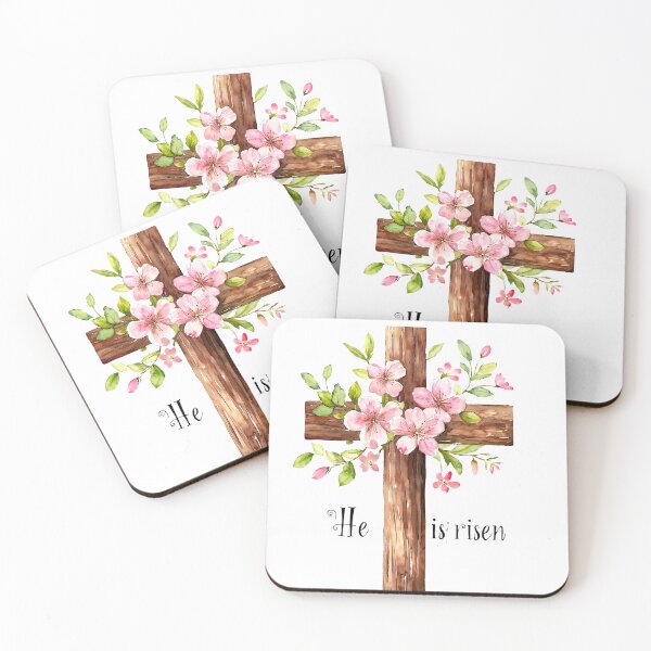 Item preview,  He is risen. Happy Easter.  Beautiful wooden cross adorned with flowers celebrates resurrection in springtime designed and sold by Anastasiia Yurevych.
