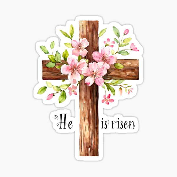 Item preview,  He is risen. Happy Easter.  Beautiful wooden cross adorned with flowers celebrates resurrection in springtime designed and sold by Anastasiia Yurevych.