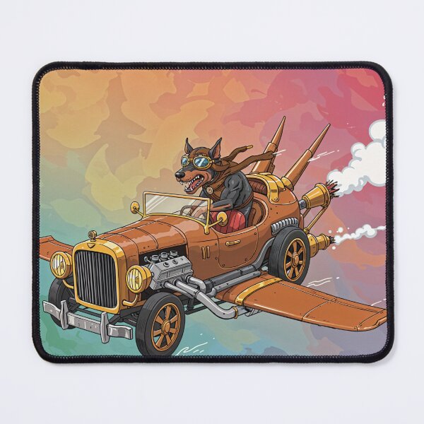 Item preview, Steampunk Flying Car with Aviator Doberman - Retro-Futuristic Artwork designed and sold by Collision19.