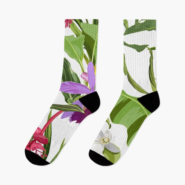 Item preview, Orchids, Bananas flowers. Seamless floral pattern with violet pink glossy flowers and palm leaves.  designed and sold by MatyKotiv.
