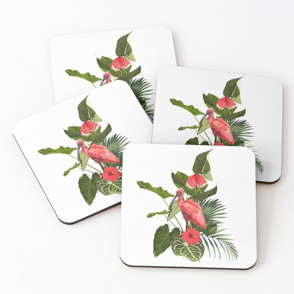 Item preview, Tropical bouquet with exotic tropical rainforest Scarlet Ibis bird and green leaves, palms and red flowers. designed and sold by MatyKotiv.