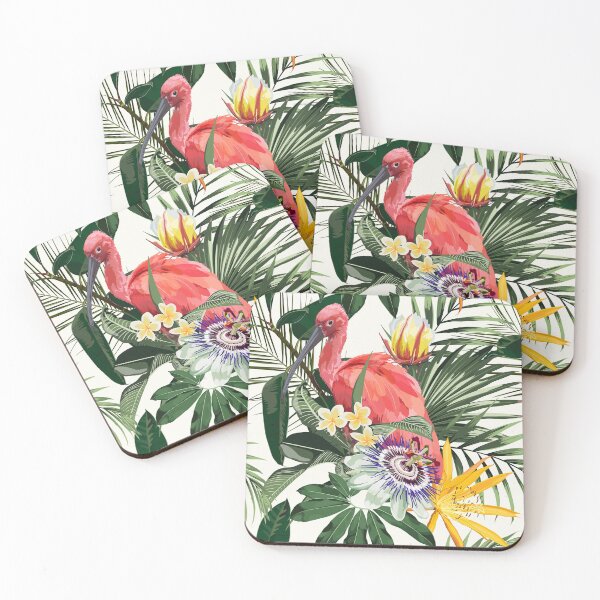 Item preview, Birds Scarlet Ibis in the thickets with palm leaves and exotic flowers. designed and sold by MatyKotiv.