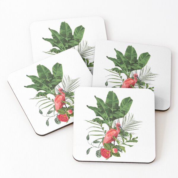 Item preview, Tropical bouquet with exotic tropical rainforest Scarlet Ibis bird and green leaves, palms and red flowers. designed and sold by MatyKotiv.