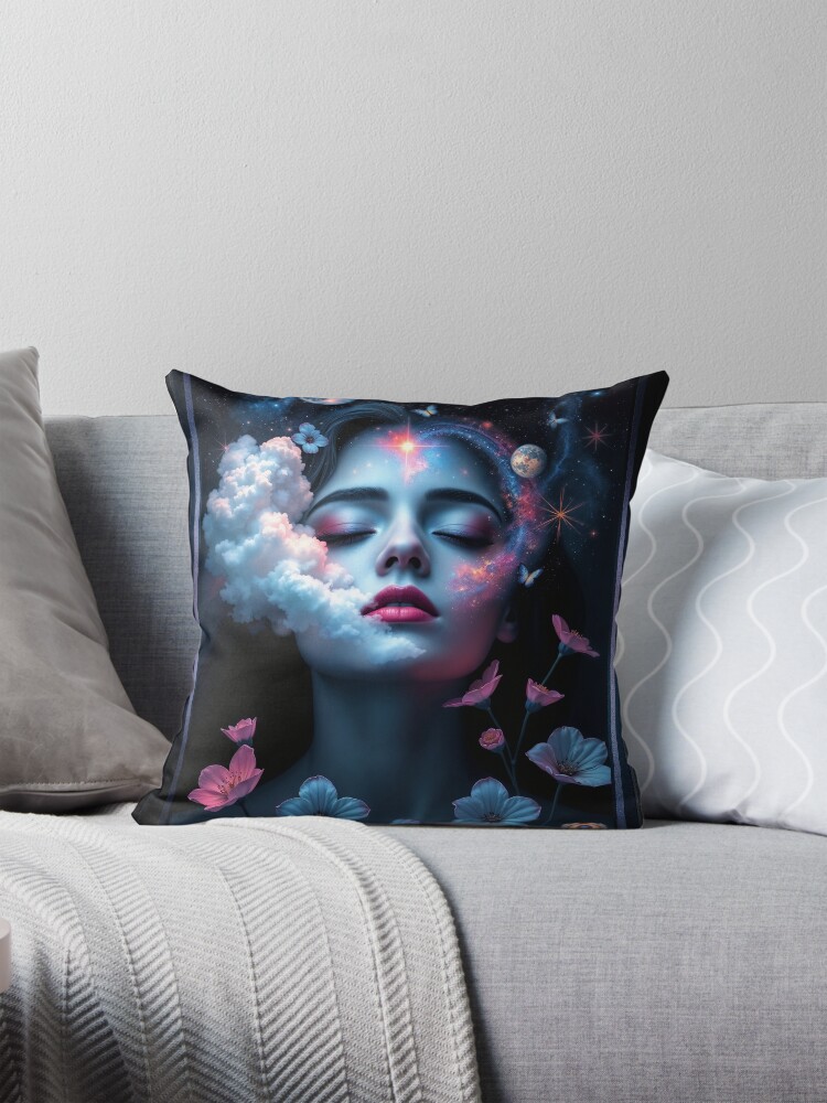 Daughter of the Cosmos; A Dreamlike Celestial Portrait Mesmerizing AI Concept Art by Xzendor7 Decorative Art Print Throw Pillow