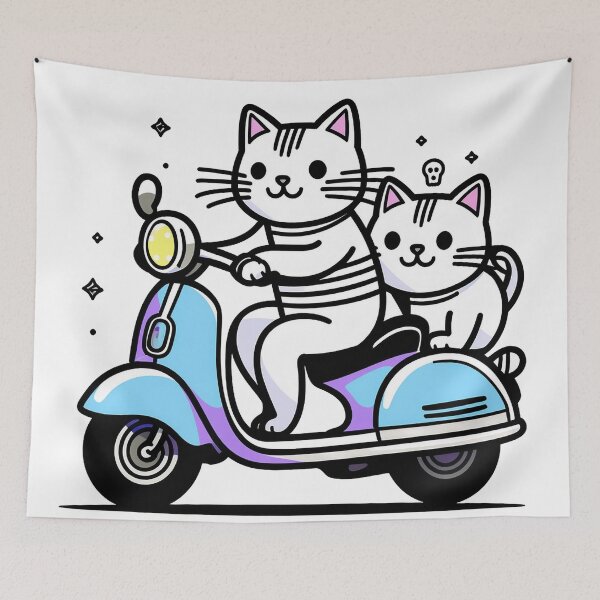 Item preview, Cats Riding Scooter, Cute Cat Art, Cartoon Illustration, Fun Cat Design, Vehicle Cat Poster, Gifts for Cat Lovers, Humorous Art Print, Cats and Adventure, Original Wall Art designed and sold by Kina-design.