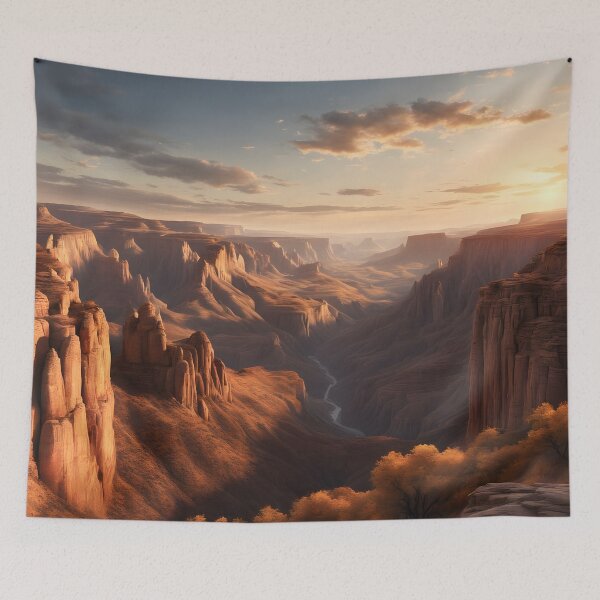 Item preview, Digital matte painting with canyons. Realistic, golden hour, breathtaking landscapes, glare, hyperrealism, concept art designed and sold by PrintLabStudio.