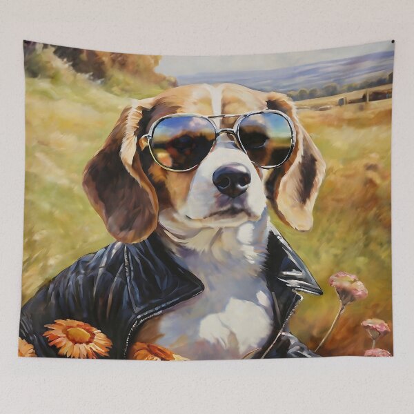 Aperçu de l'œuvre Art canin vintage : portrait d'un étalon Beagle avec des lunettes de soleil | Art animalier | Peinture à l'huile | Portrait animalier créée et vendue par UnhingedBird.