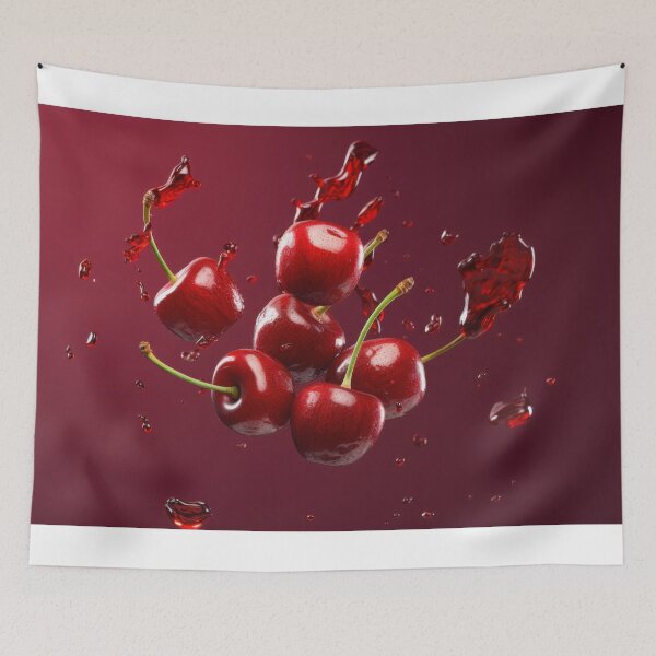 Item preview, Juicy cherries appear to be floating in midair with droplets of liquid splashing around them. designed and sold by anytka.