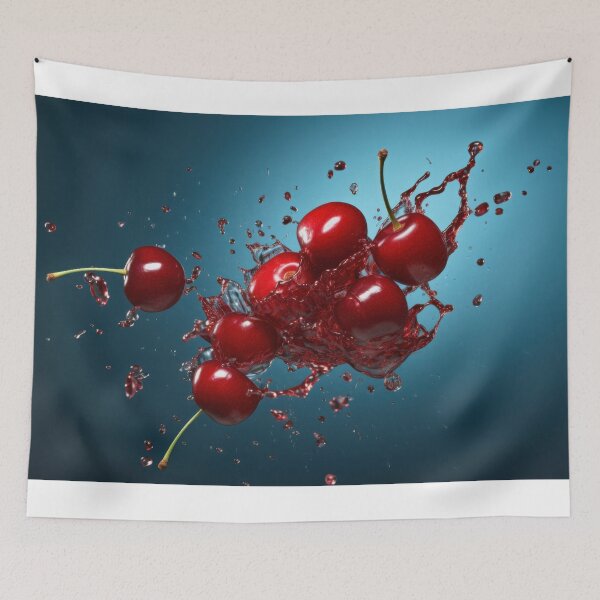 Item preview, Juicy cherries burst with vibrant red splashes against a gradient blue background.  designed and sold by anytka.