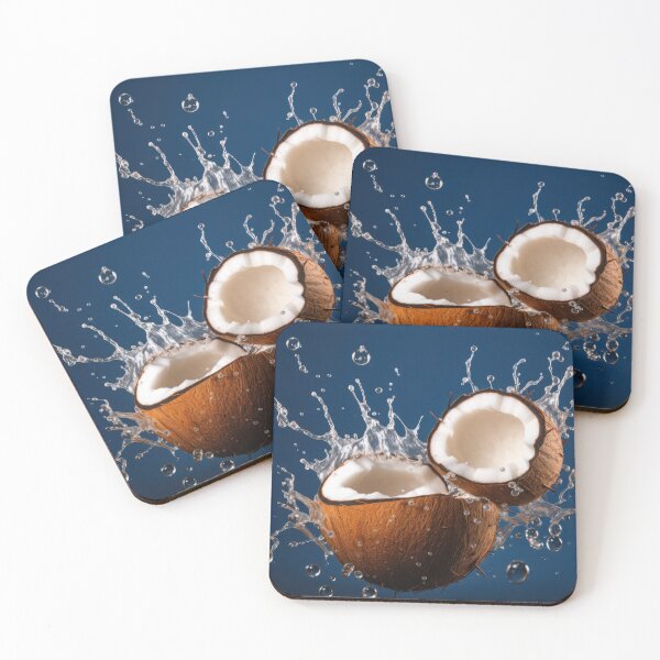 Item preview, Two coconut halves are captured mid-air, surrounded by splashing water droplets on a dark blue background. designed and sold by anytka.
