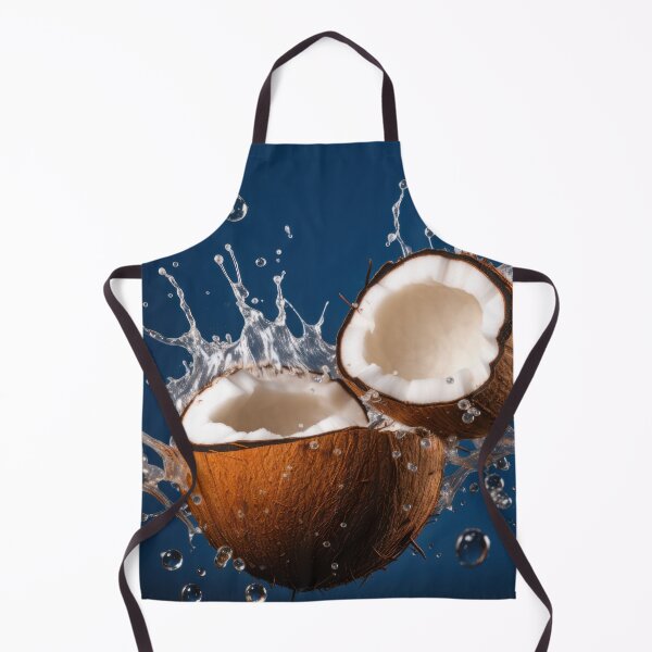 Item preview, Two coconut halves are captured mid-air, surrounded by splashing water droplets on a dark blue background. designed and sold by anytka.