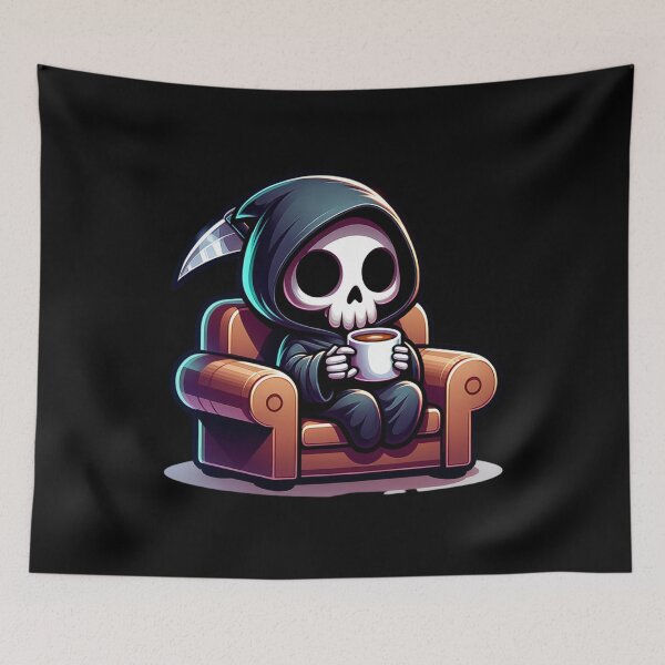 Item preview, Kawaii Grim Reaper Relaxing and Drinking Coffee designed and sold by 2ndSketch.