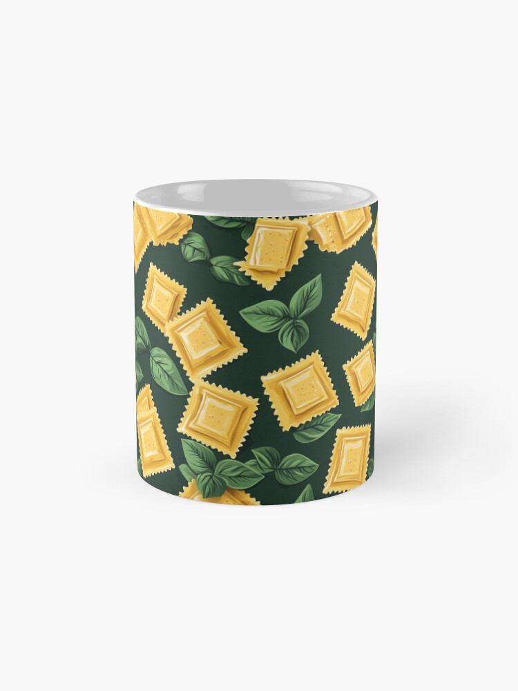 Thumbnail 4 of 6, Coffee Mug, Golden Ravioli with Basil on Deep Green designed and sold by AstroWolfStudio.