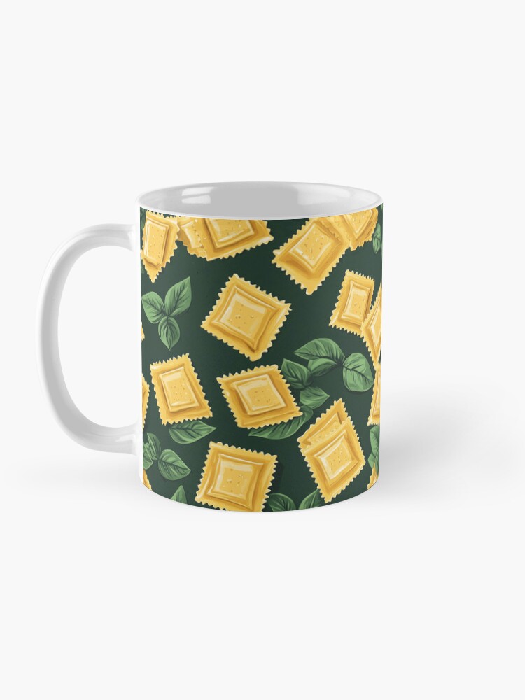 Thumbnail 3 of 6, Coffee Mug, Golden Ravioli with Basil on Deep Green designed and sold by AstroWolfStudio.