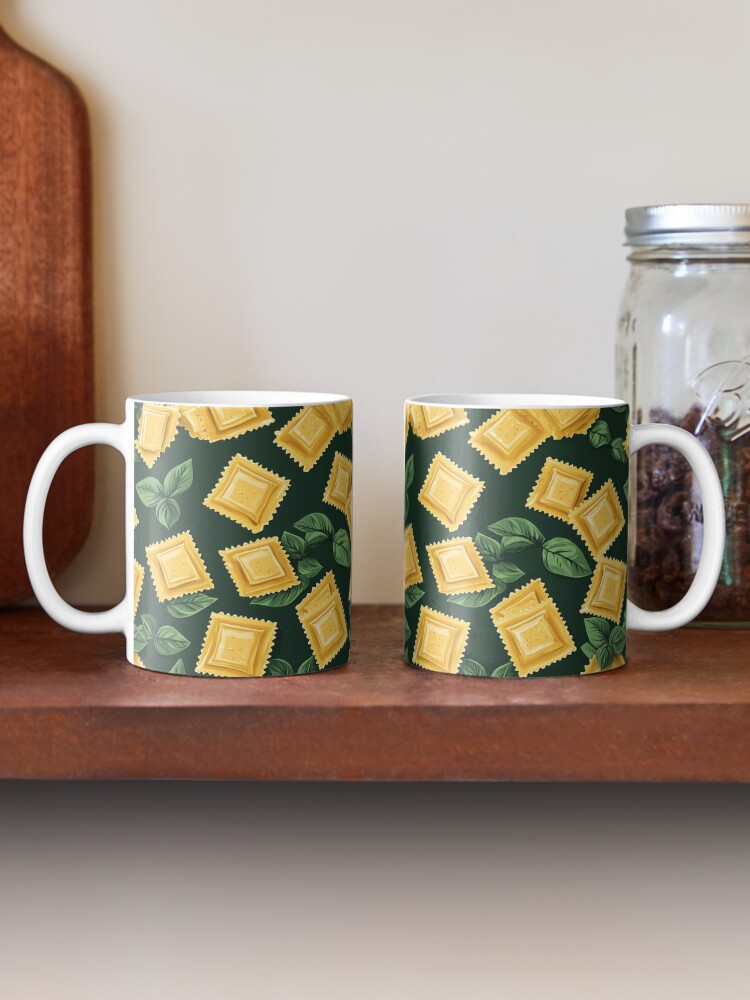 Thumbnail 2 of 6, Coffee Mug, Golden Ravioli with Basil on Deep Green designed and sold by AstroWolfStudio.