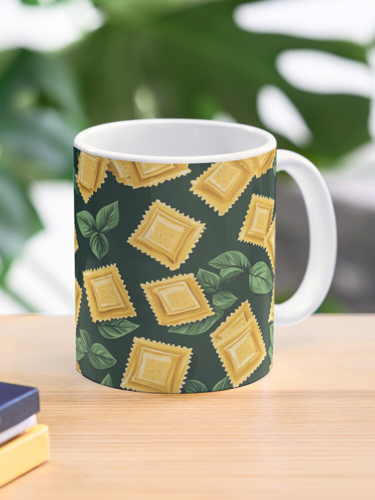 Thumbnail 1 of 6, Coffee Mug, Golden Ravioli with Basil on Deep Green designed and sold by AstroWolfStudio.