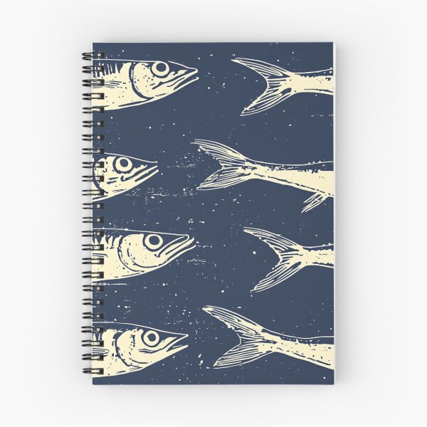 Artikelvorschau, Sardine Holzschnitt auf verwittertem blauem Hintergrund entworfen und verkauft von Vicki Noble Art.