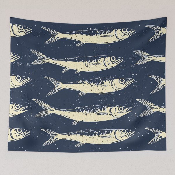Item preview, Sardine Woodcut on Weathered Blue Background designed and sold by Vicki Noble Art.